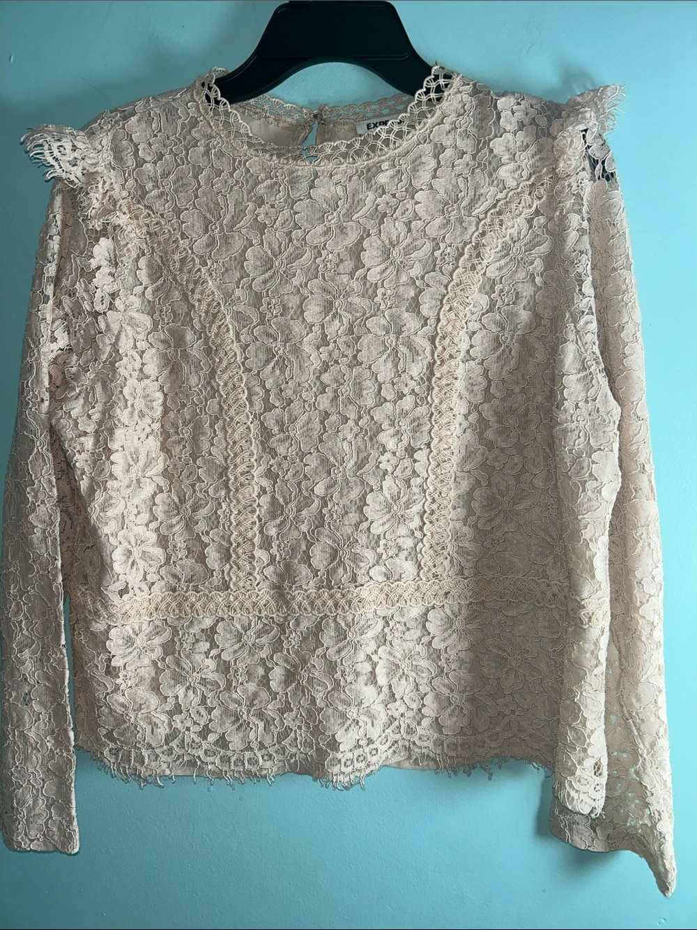 Express Beige Floral Lace Long Sleeve Blouse